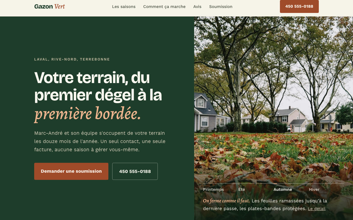 Le sélecteur de saison de la démo Gazon Vert