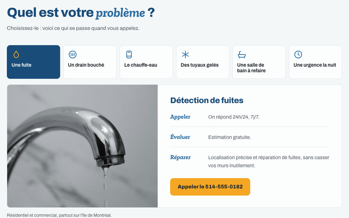 Le sélecteur de problème de la démo Plomberie Tremblay